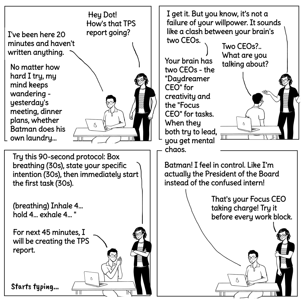 Dash telling Dot about the brain's two CEOs and how to focus using the 90-Second Protocol